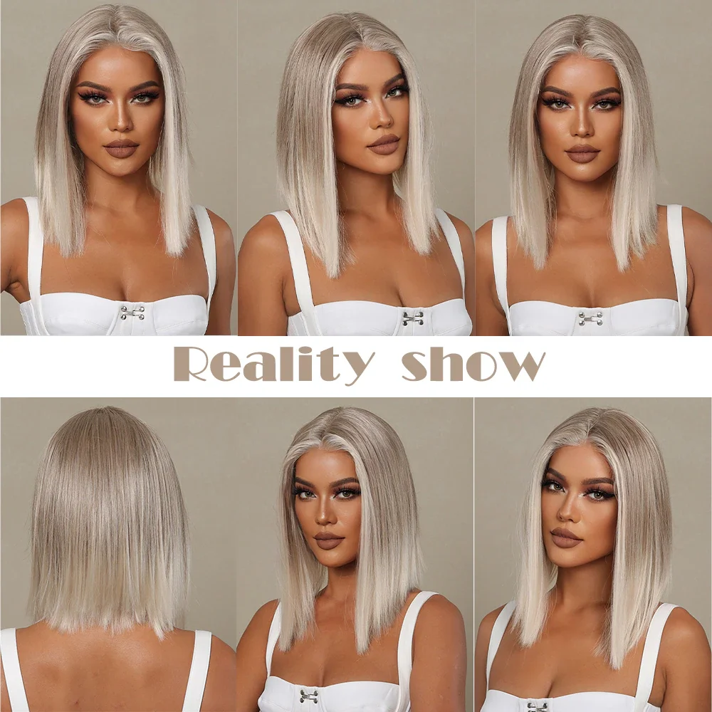 ALAN EATON Blonde Highlight Lace Wig Ash Grey Synthetic Lace front Wigs for Women Afro Natural Hair Bob Wig Straight Wig Cosplay