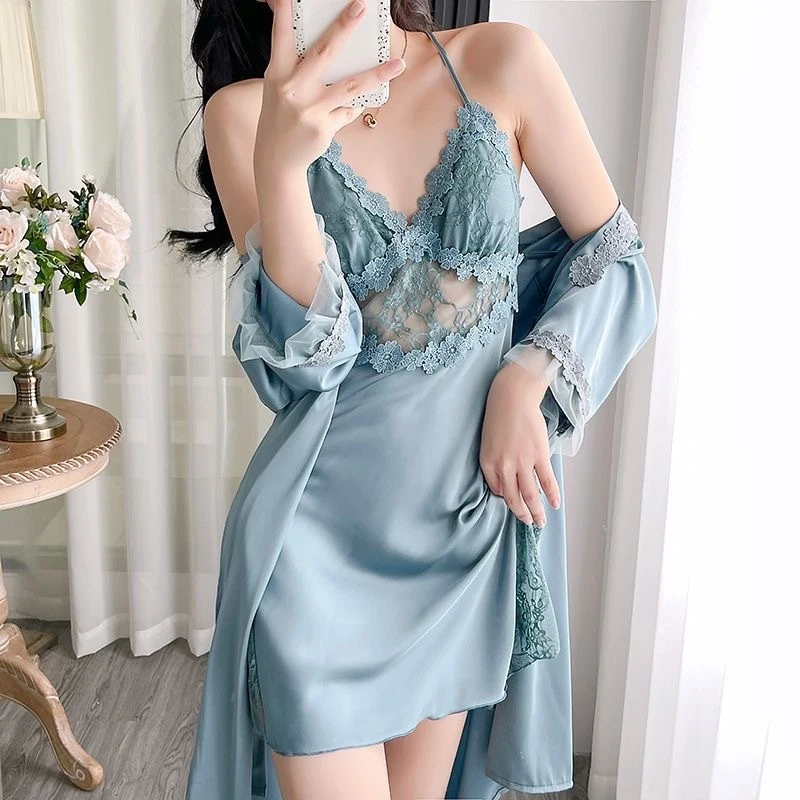 Women'S Spring And Autumn, Thin Silk With Chest Pads Small Busts, Sleeveless Nightgown And Robe Set