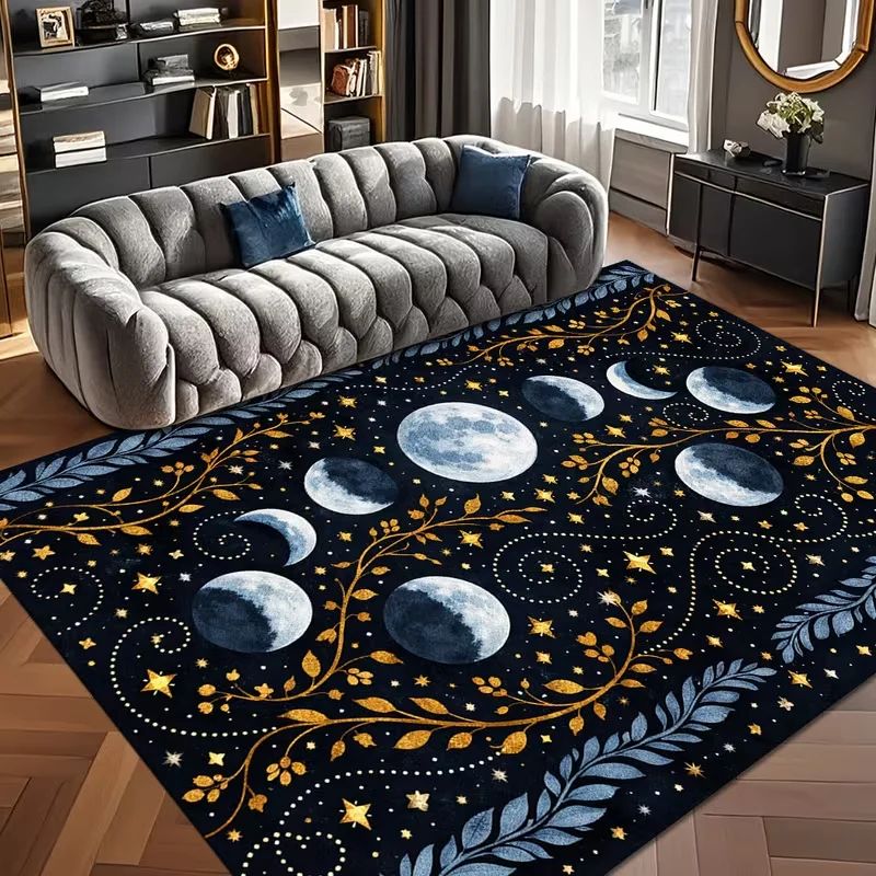 Boho Black Gold Moon Phase Star Area Rug Anti Slip Carpet Celestial Leaf Print Living Room Bedroom Indoor Mystic Home Floor Mat