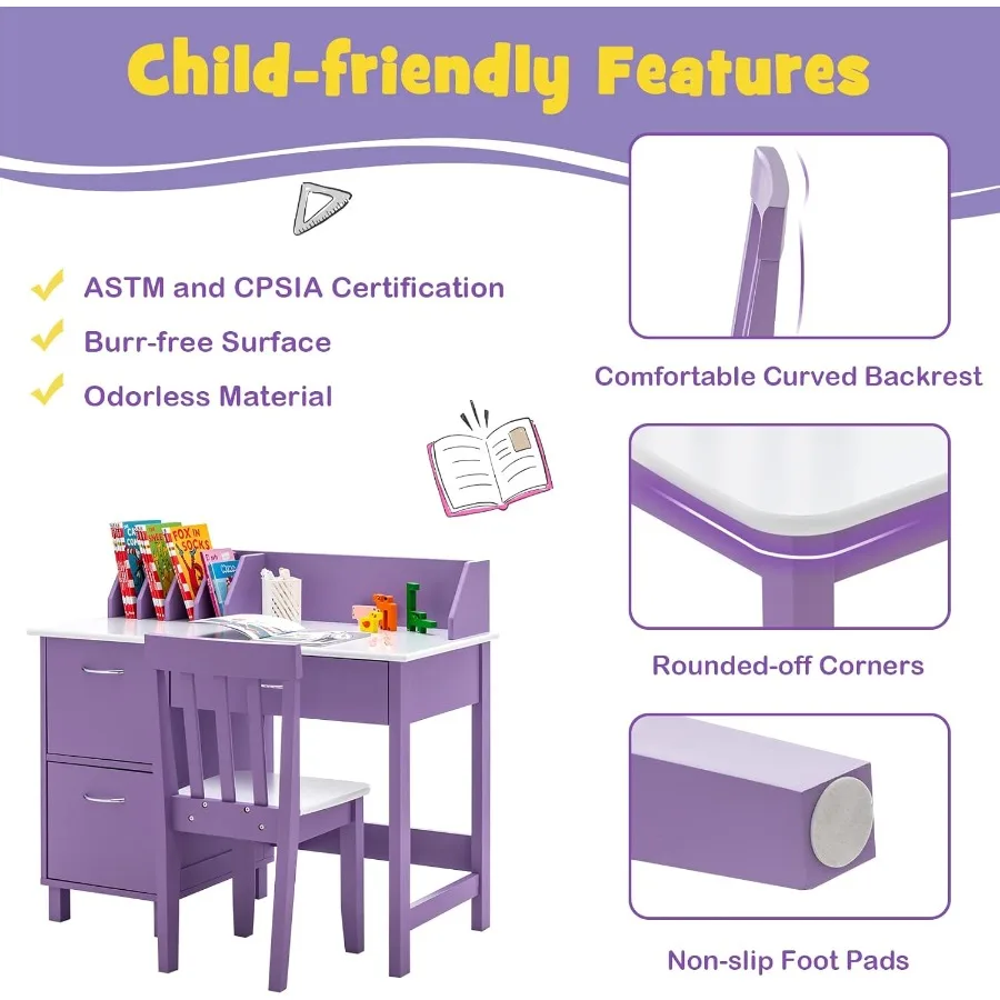 서랍과 수납장이 있는 나무 학습 책상과 의자 세트, 글쓰기와 컴퓨터 작업에 이상적