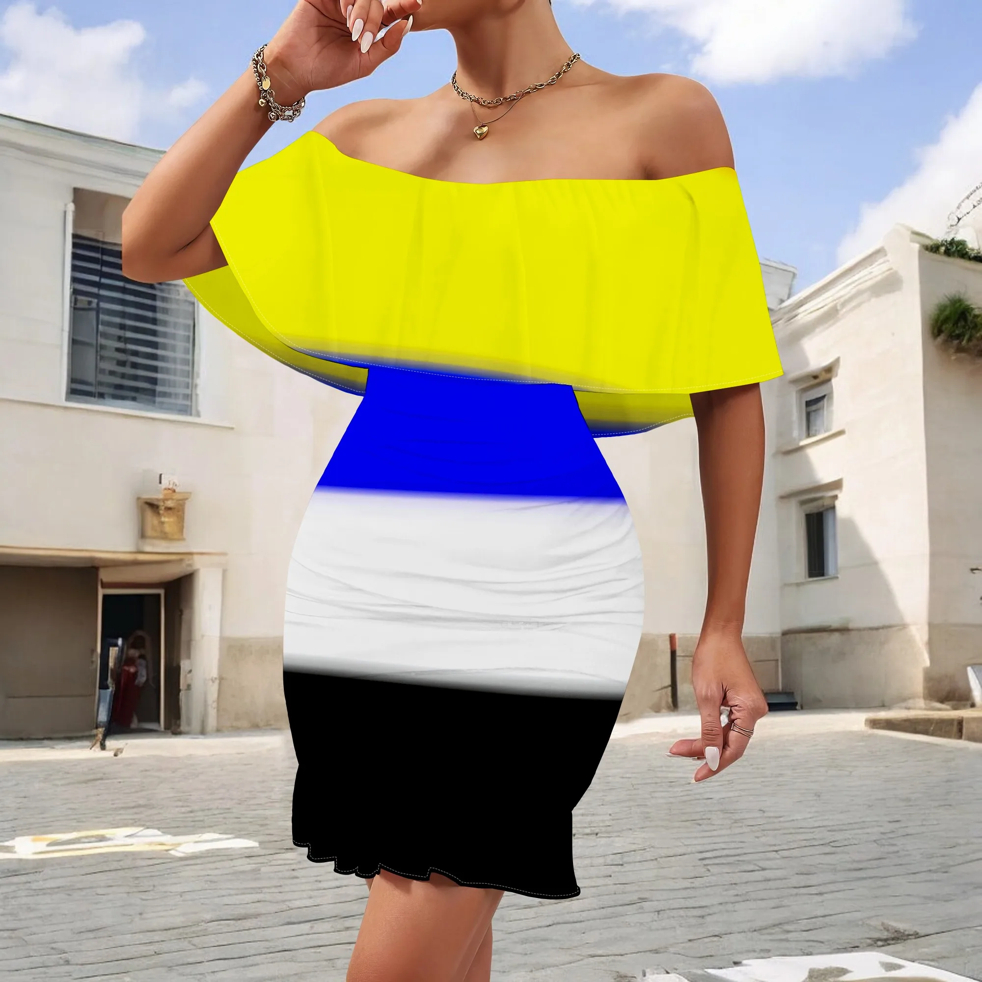 

Yellow Blue Colorblock Off Shoulder Bodycon Dress S-3XL Ruffle Hem Slim Fit Short Style for Pride Fest, Nightclub or Streetwear