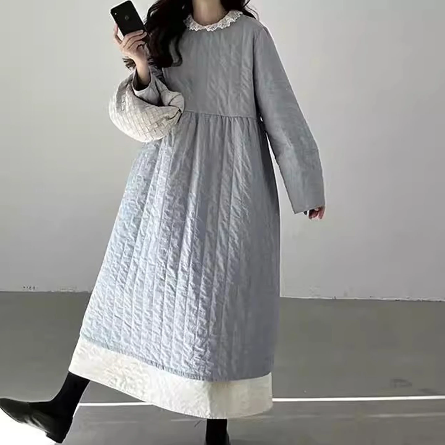 

Женская хлопковая юбка Sweet Splice Pleated Line Pred, свободная повседневная длинная юбка для поездок на работу, зимнее новое поступление