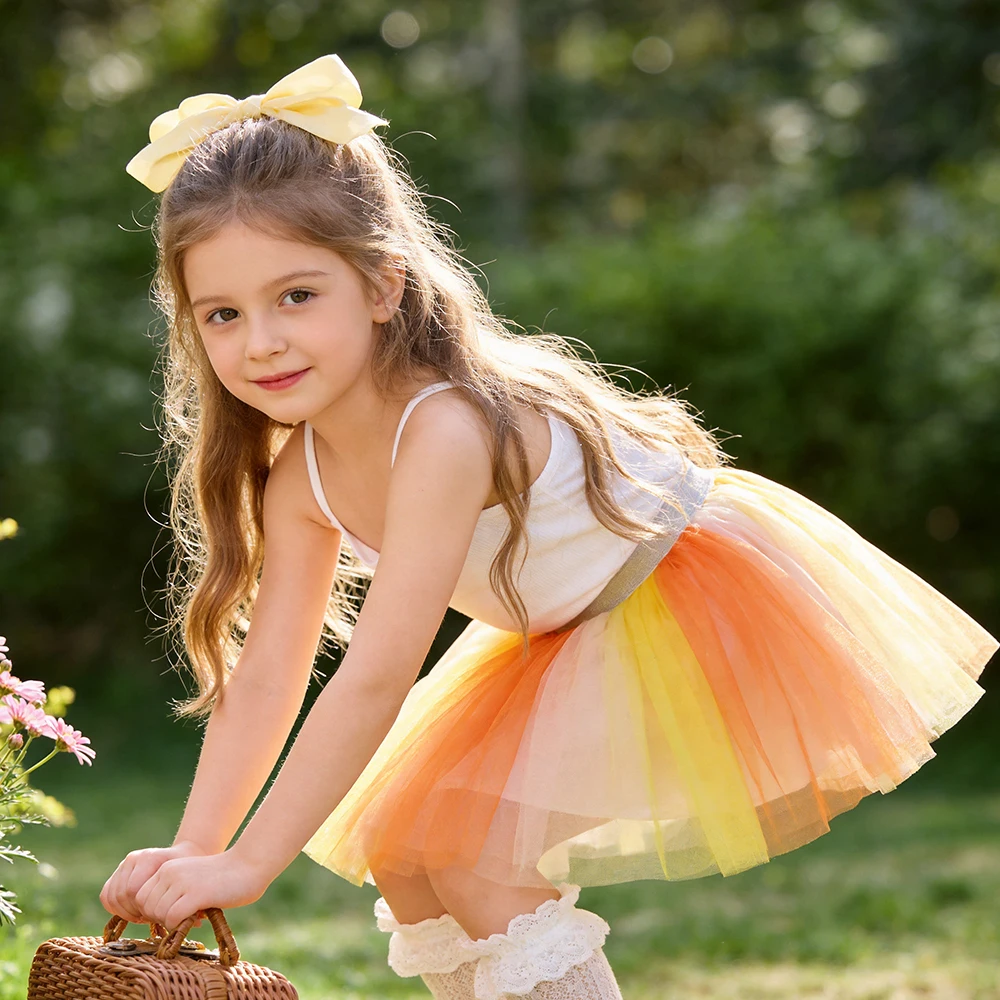 Girls Orange Yellow Gradient Tulle Tutu Skirt Kids Elastic Waist Fluffy Layered Party Princess Casual Daily Fashion Cute Skirts