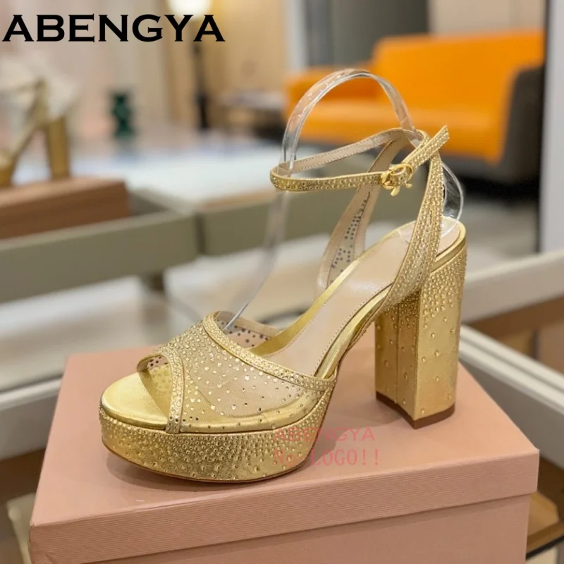 

Hot Platform Airmesh Gladiator Sandals Women Block High Heel Crystal Party Shoes Open Toe Ankle Strap Women's Sandalias Mujer