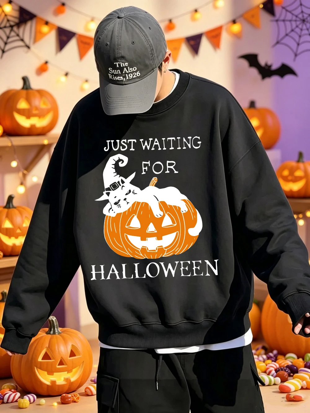 Just Waiting For Halloween Pullover Mens Casual Loose Hoodies Winter Fleece Warm Sweatshirts Basic Crewneck Comfortable Clothes