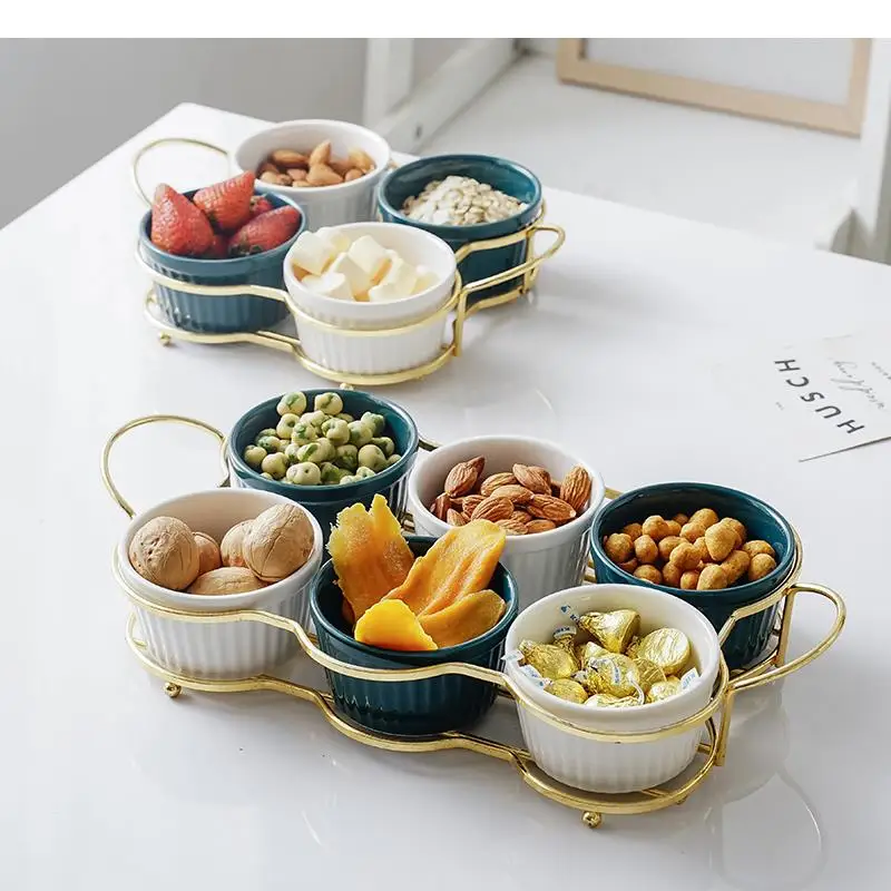 Create Ceramic Snack Bowl Modern Household Divided Fruit Platter 4 Grid/6 Grid Candy Nut Plate Gold-plated Porcelain