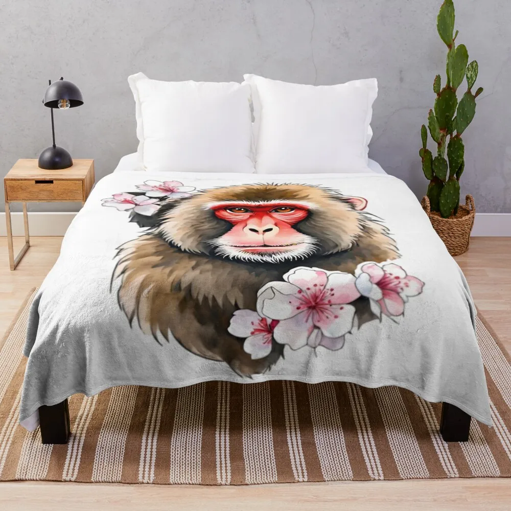 

Japan Snow Monkey Cherry blossom watercolor Throw Blanket for sofa valentine gift ideas Single Blankets