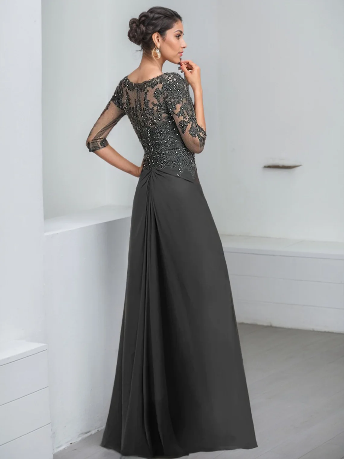 

Elegant Sheath Formal Evening Dress Square Neck Chiffon 3/4 Sleeve Floor Length Sequin Wedding Guest Dress 2025 Free Customized
