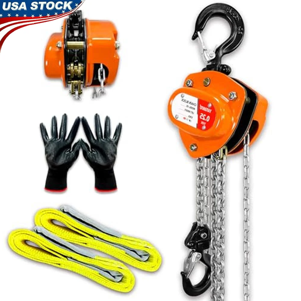 1/4 Ton Chain Hoist 2 Lift Sling Straps & Gloves Mini Manual Hoist 10FT Lift Heavy-Duty Alloy Steel Corrosion-Protected Brake