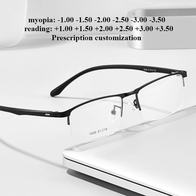 51-18 New Men's Business  Half-frame Rectangular Anti-blue Reading Glasses Custom Myopia Prescription Astigmatism Lenses