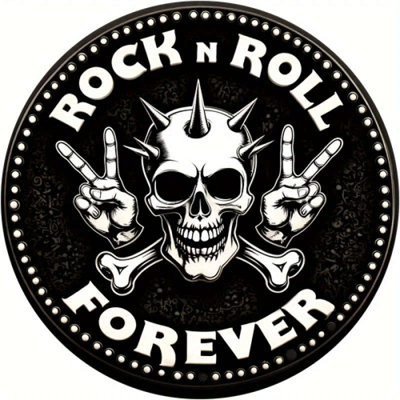 2D Flach, 1 Stück Vintage 8x8 Zoll Rundes Aluminium-Blechschild - Rock 'N' Roll Forever Wandkunst mit Totenkopf & Gitarren-Design, 2D Flach