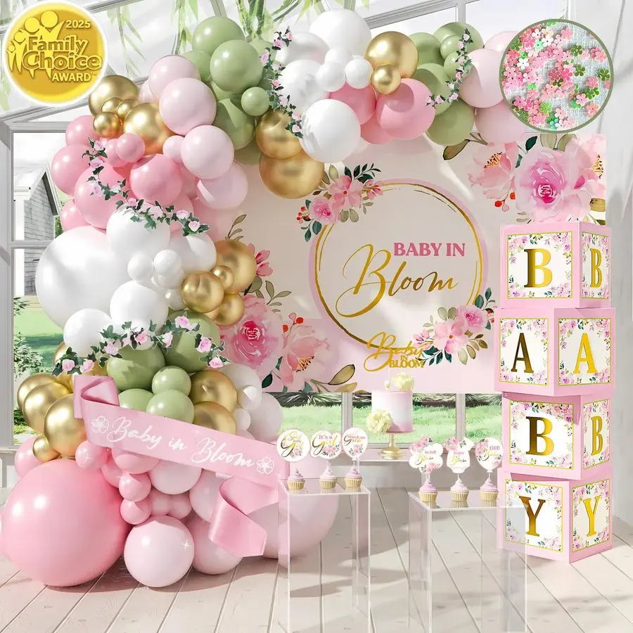 

PC Baby in Bloom Baby Shower Decorations for Girl Balloon Arch Garland amp Baby Boxes with Letters, Backdrop, Cake topers, Sash