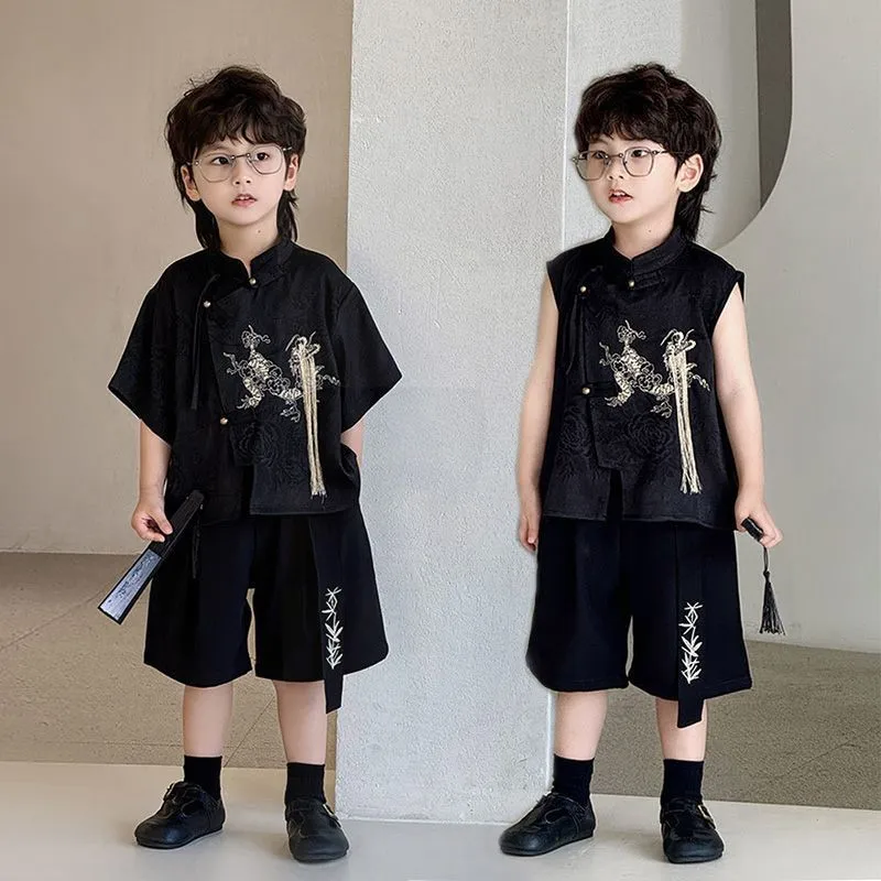 Boys' New Chinese Style 2026 Summer Clothing Set Children's New Chinese Top Pants 2-piece Set, Kids' Tang Hanfu Buckle Set LJ702