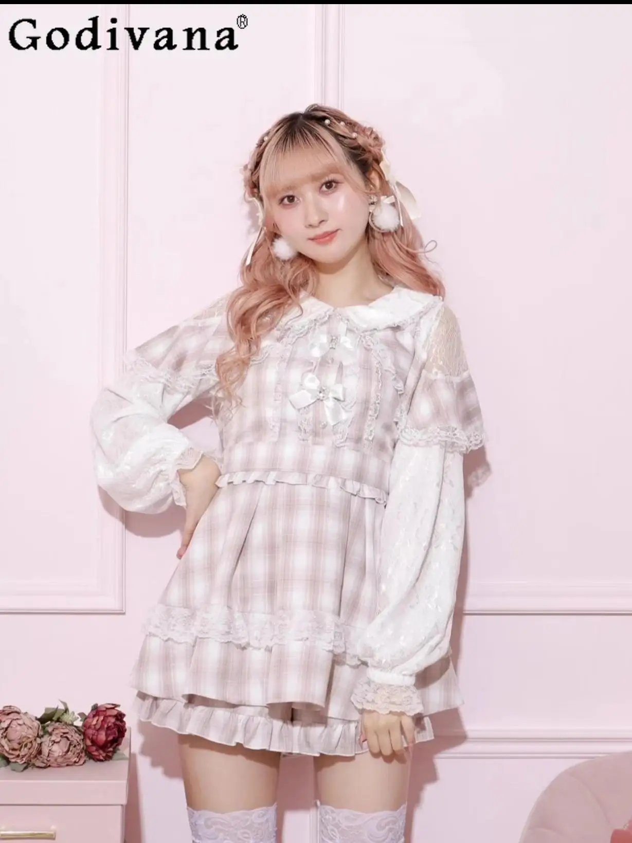 Setelan baju dan celana pendek Lolita Jepang, setelan pakaian 2 potong untuk wanita, baju sambungan kotak-kotak, Waring, manis dan lucu, Set celana pendek Lolita Jepang musim semi