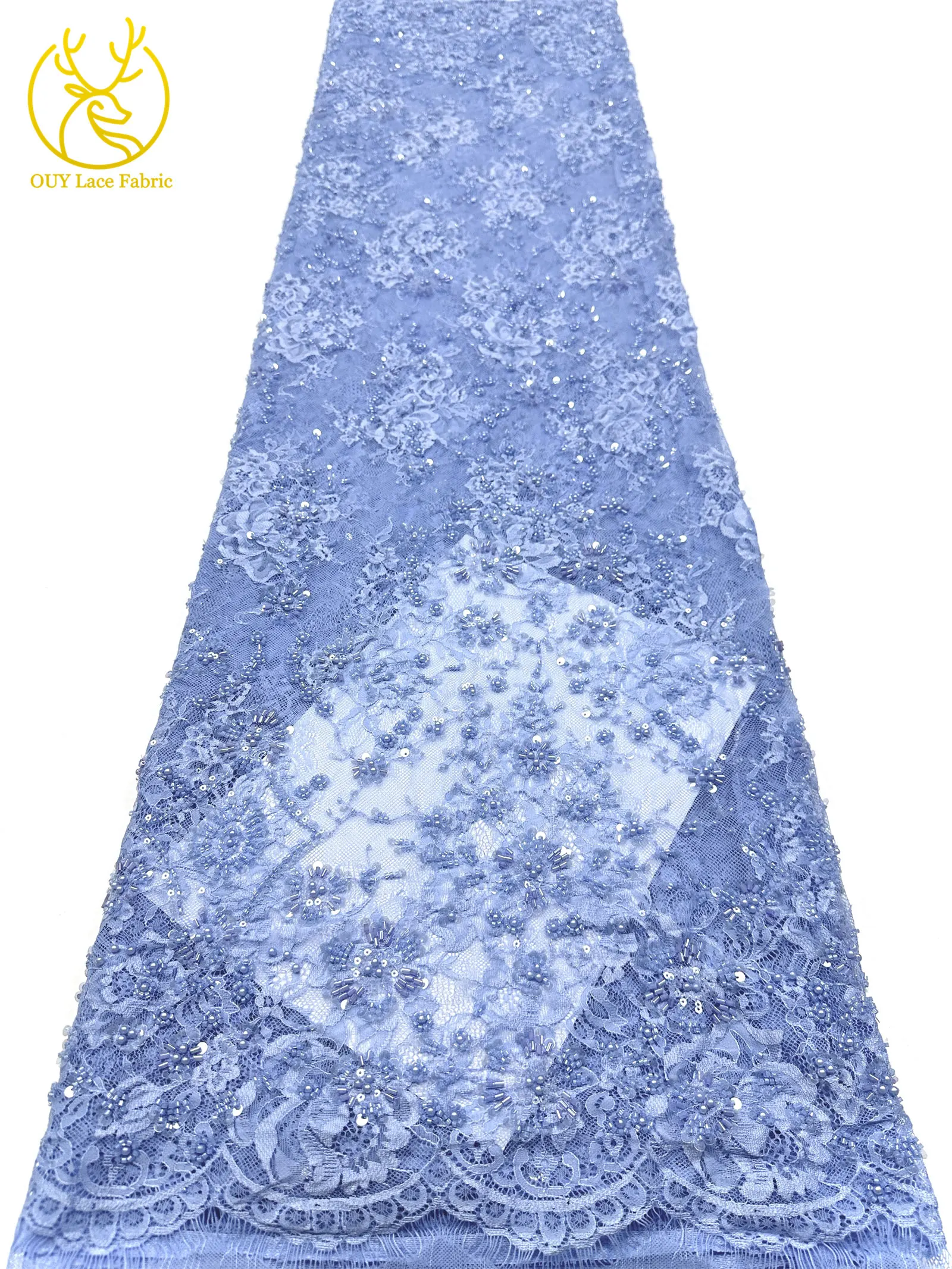 3 Meter exquisiter Perlen-Spitzenstoff, afrikanischer Spitzenstoff mit Pailletten und verstreuten Blumenstickereien zum Nähen von Brautkleidern – Detail 23