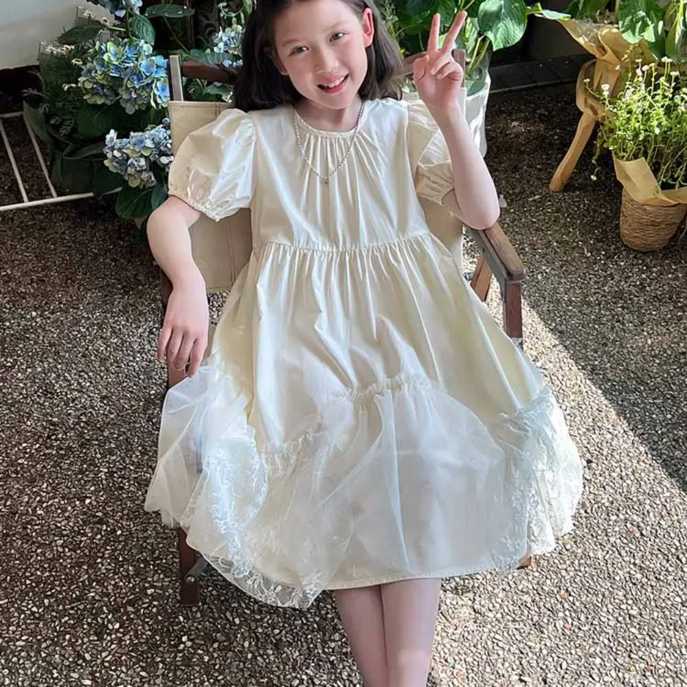 

Sweet Loose Girls Puff Sleeve Dress Pleated Teenagers Summer Kids Dresses Beach Vacation Party Children Princess Dress Students