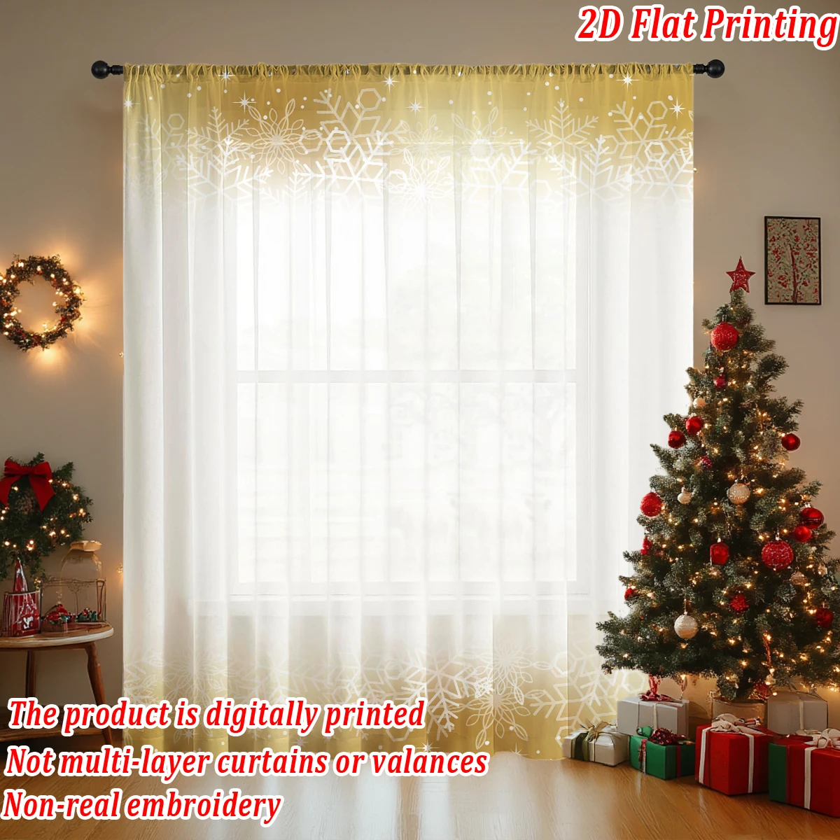 Christmas Flat Printing Sheer Curtain with Christmas Snowflak for Living Room Bedroom Decor Holiday Party