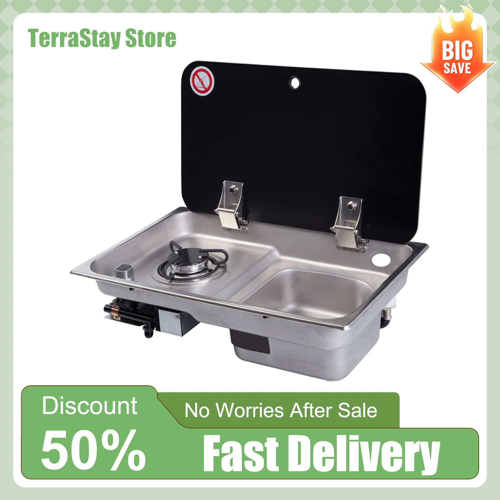 RV موقد الموقد 2 في 1 موقد غاز بالوعة التحكم الدقيق في الحرائق كفاءة الاحتراق غطاء من الزجاج المقسى توفير المساحة سهلة التنظيف