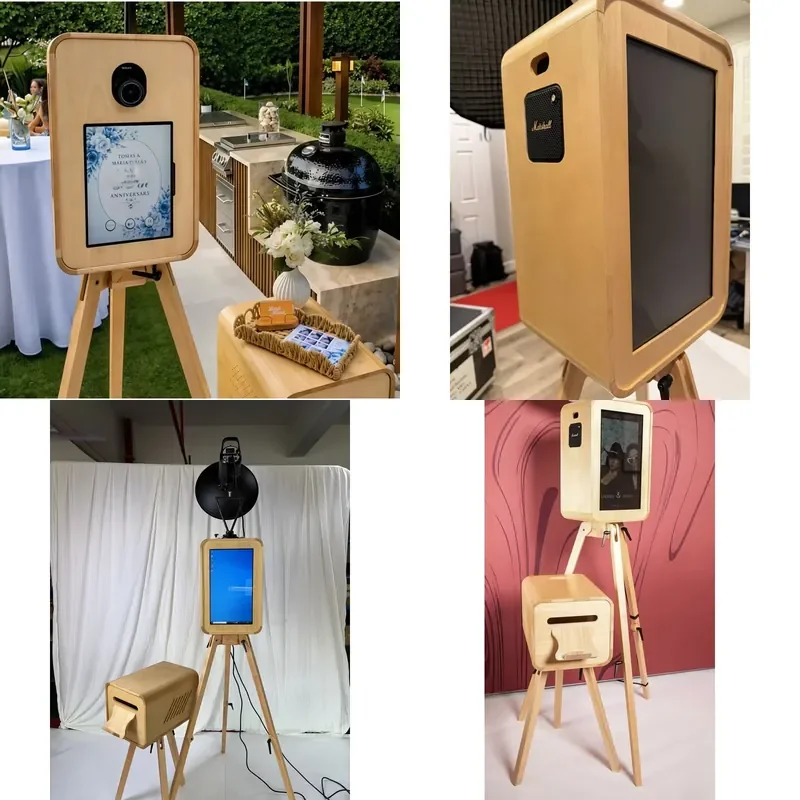 Double Sided Retro Wooden Photo Booth Self Printing Touchscreen Control Seating for 10 People Durable Construction 2 Year