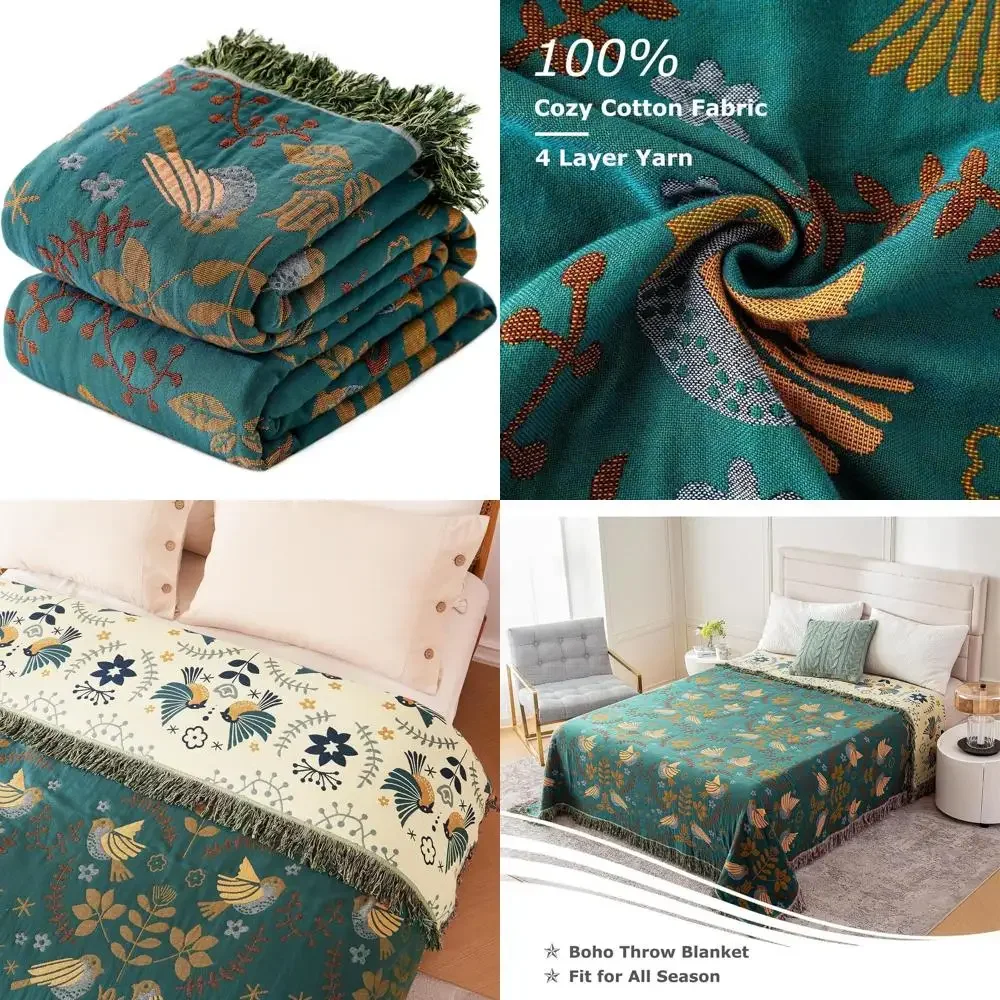 

Покрывало King Size из хлопка в стиле бохо, стеганое, с вышивкой птиц и цветов, 90x108, всесезонное, для кровати и дивана