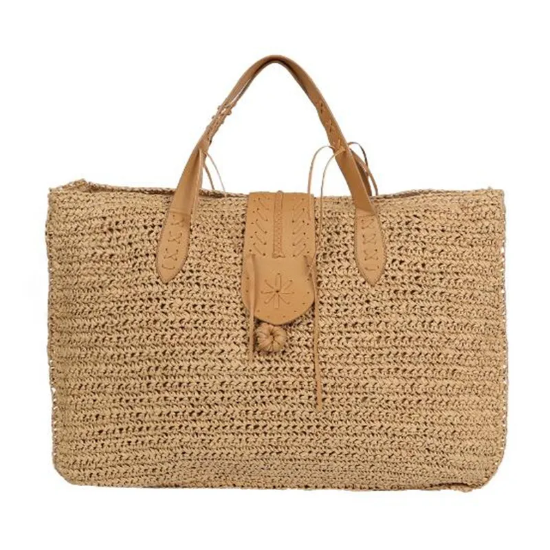 Big Capacity Raffia Straw Seaside Holiday Travel Beach Bags Women Tropical Leather Hangbag Crochet Large ToteBag Reticule Chic