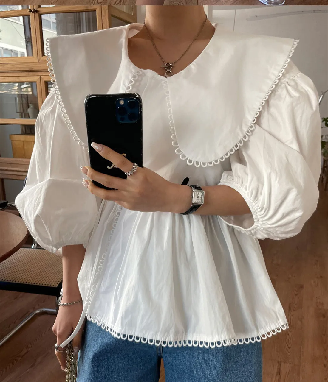 Korean Fashion Solid Loose White/Black Cotton Shirt for Women Sweet Doll collar Puff Sleeve Lace Tim Lace-up Blouse Tops