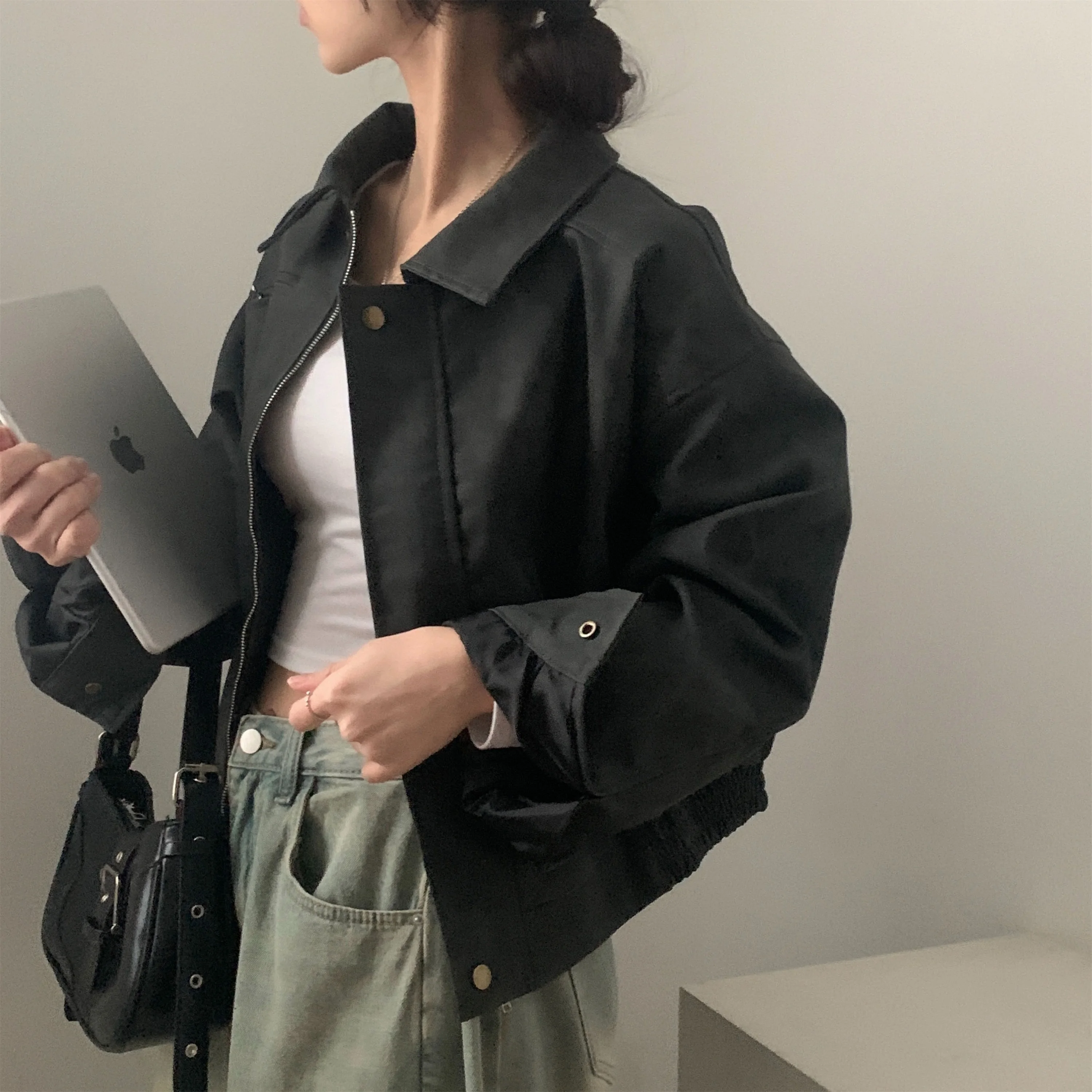 أنيقة الخريف جديد خمر فضفاض طويل Sve الجلد المدبوغ بولي Leather الجلود Jaet طوق معطف الكورية Sle المرأة Faion ملابس خارجية