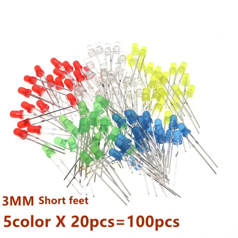 100pcs 3mm LED Diode 3 mm Assorted Kit White Green Red Blue Yellow Warm white DIY Light Emitting Diodes F3 5 Color Each 20pcs