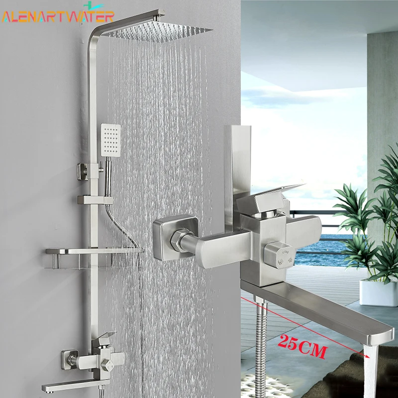 Bathroom Shower Faucet Set Wall Mount Rainfall Shower Systems Hot Cold Water Mixer 3 Modes Bathtub Shower Faucet Tap with Shelf