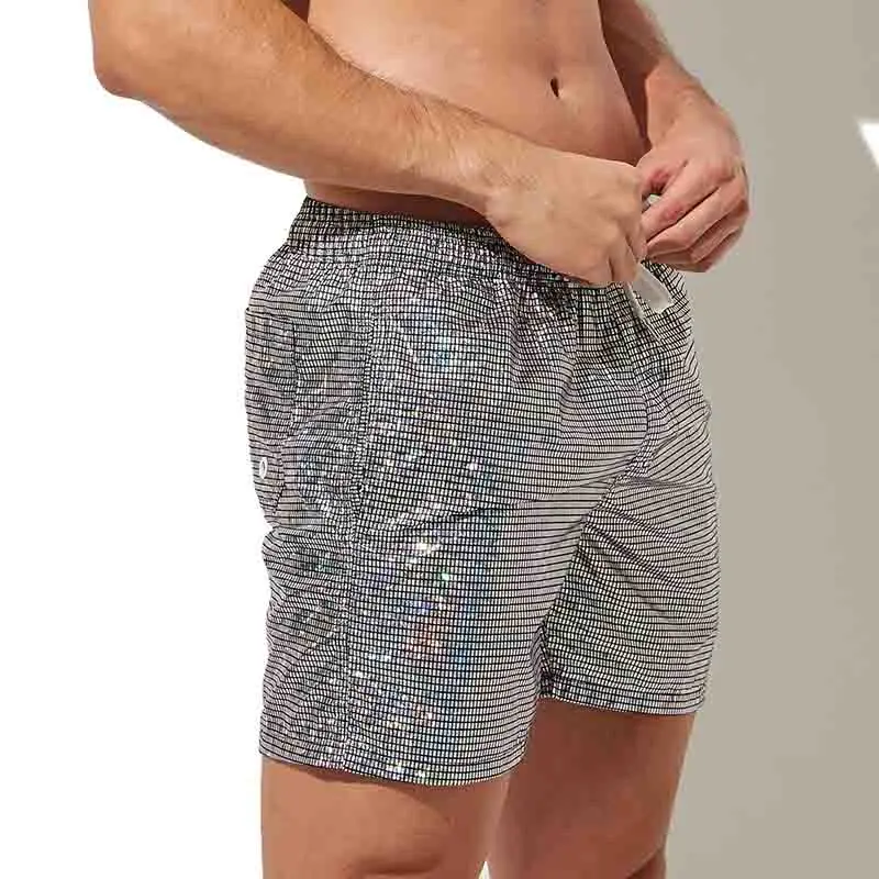 Men's Shiny Casual Loose Shorts Pocket Glisten Sports Loose Sweatpants Swim Trunks Swimwear Bikini Pants Adult Club Show Outfit
