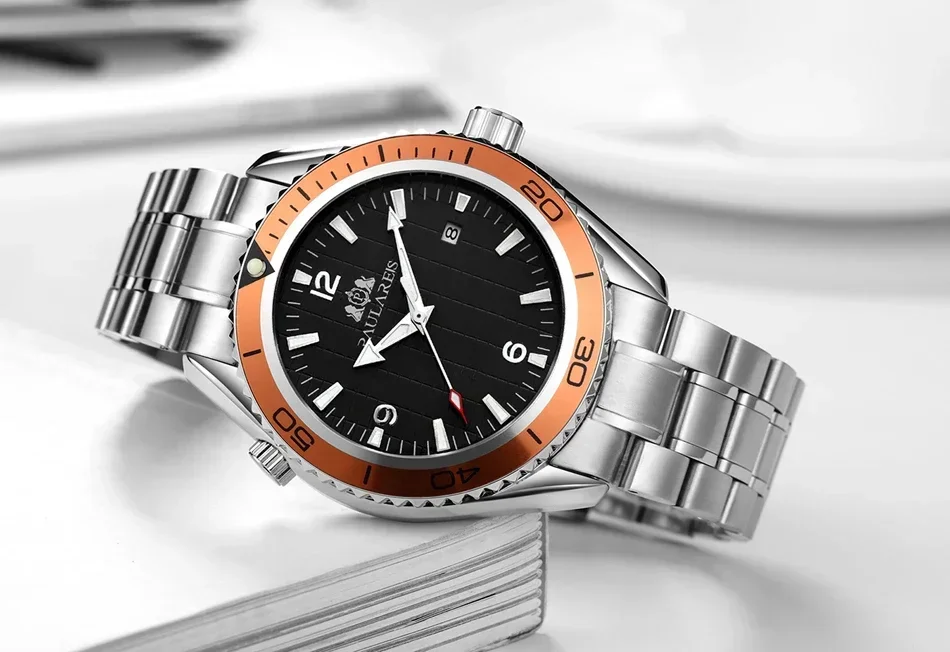 Reloj Automático para Hombre, correa mecánica de acero inoxidable, bisel Simple naranja y azul, Reloj de negocios con fecha para Hombre Baratos