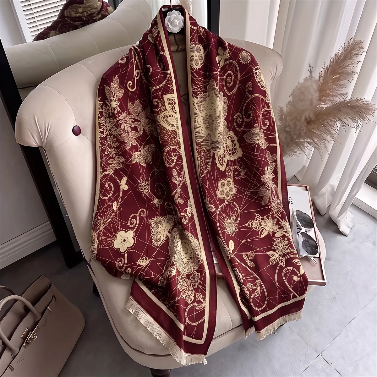 Luxury Ornate Floral Satin Jacquard Shawl Soft Winter Neck Wrap Double Face Stole Female Office Vacation Overcoat Matching