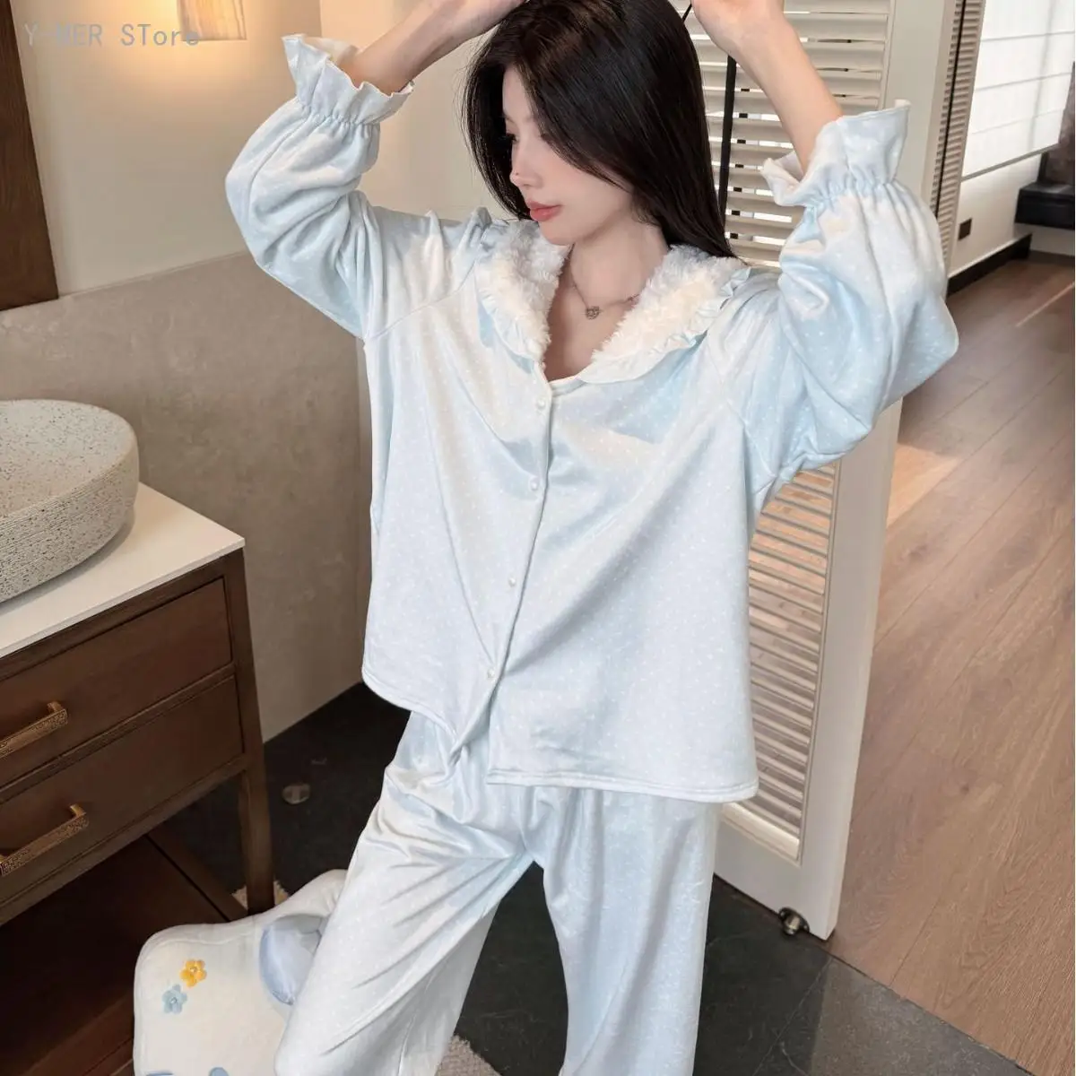 Women Autumn Winter Sweet Polka Dot Double Sided Velvet Pajama Set Long Sleeve Long Pants Soft Casual Sleepwear Suit