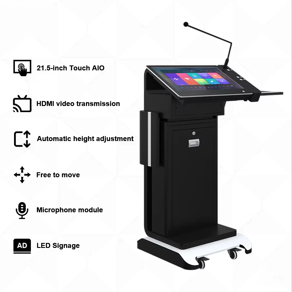 Portable Digital Podium with 21.5 Inch Front Screen Smart Height Adjustable Digital Rostrum in Conference System Lectern