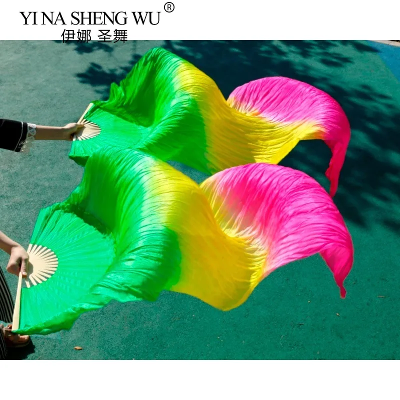 Haute vente à la main femmes qualité soie danse du ventre ventilateur danse 100% réel soie voiles 1 paire vert jaune Rose 180*90 Cm
