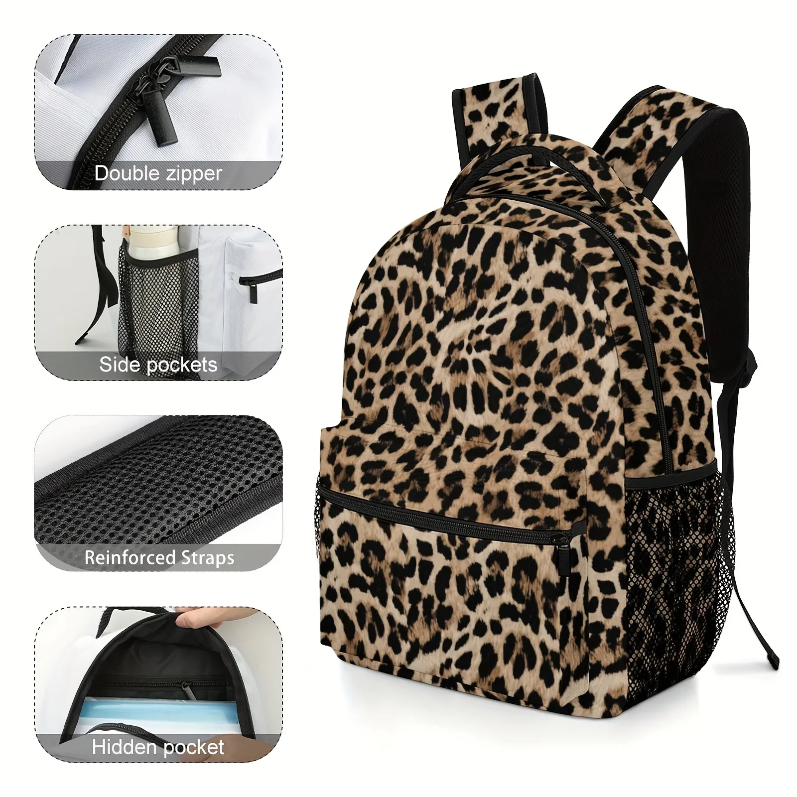 Custom Bag Leopard Print Backpack Durable Lightweight Leopard Print Backpack With Adjustable Straps Zipper Closure Large Capacit