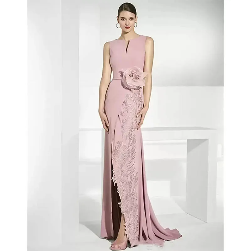 Vestido sereia rosa para a mãe da noiva, sem mangas, flor rendas applique, vestido do convidado do casamento, vestido de baile