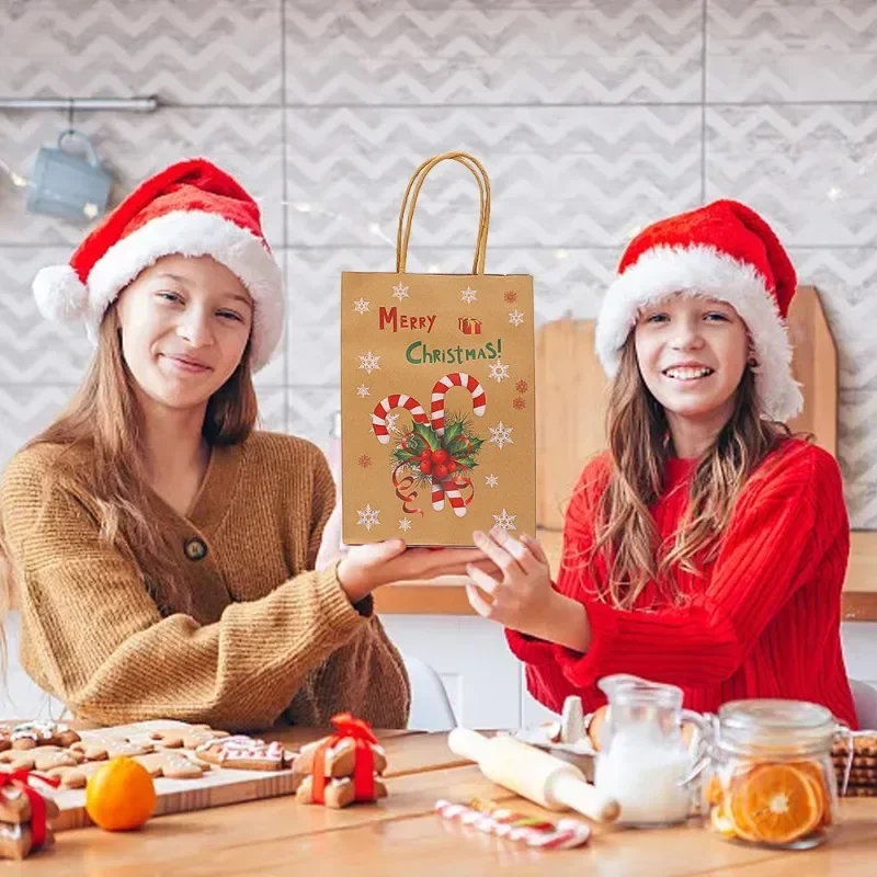 20/5PCS Christmas Kraft Paper Bag Gift Candy Hand-held Shopping Bags Merry Christmas Snack Present Packaging Tote Bag Home Decor