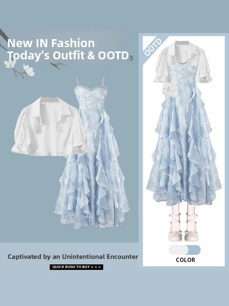 

Summer Short Collar Shirt Women's Blue Waist-Cinching Slimming Holiday Dress Design Sense Two-Piece Fashion Set Polyeste...