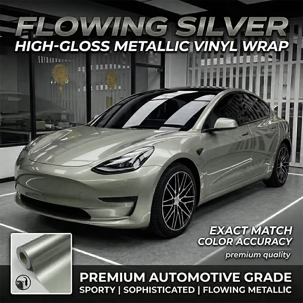 Multiple Size Glossy Flowing Silver Vinyl Film PET Car Wraps Film Foil Bubble Free For Car Sticker Vehicle DIY Decor Accessories