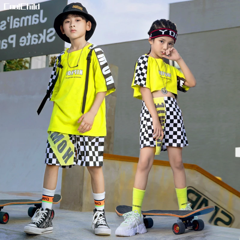 Boys Hip Hop Summer T-shirt Street Dance Contrast Cargo Shorts Girls Crop Top Plaid Skirts Child Clothes Sets Kids Jazz Costumes