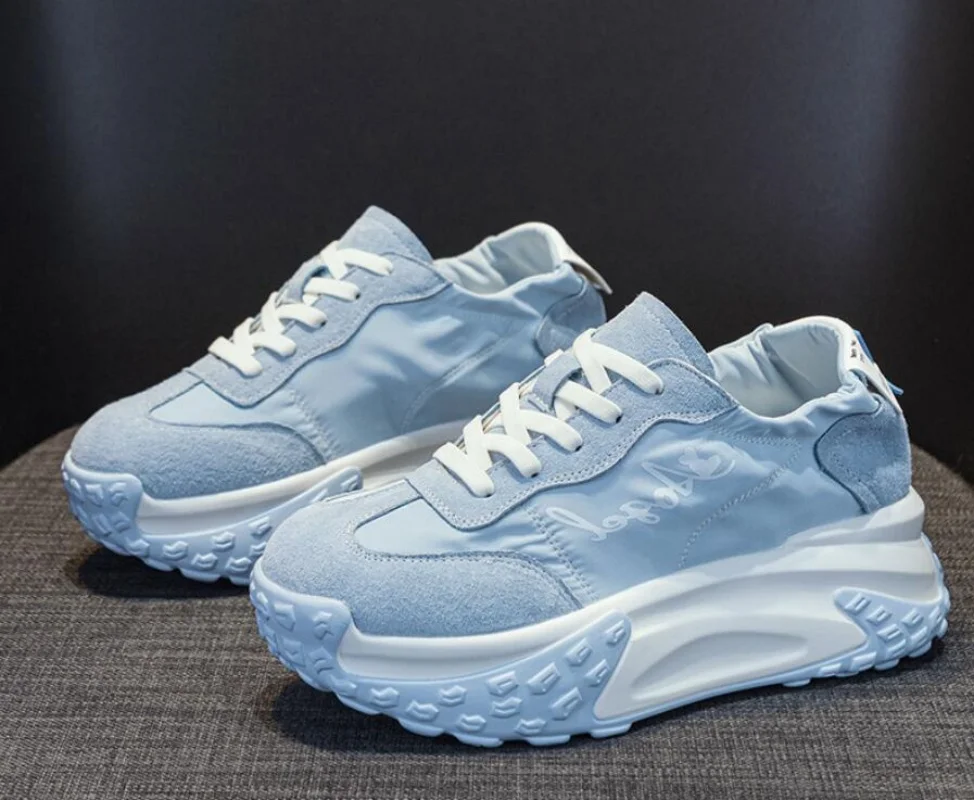 

Fashion 7cm High Platform Women Sneakers Genuine Leather Splicing Fabric Casual Sport Shoes for Females Size 33-40
