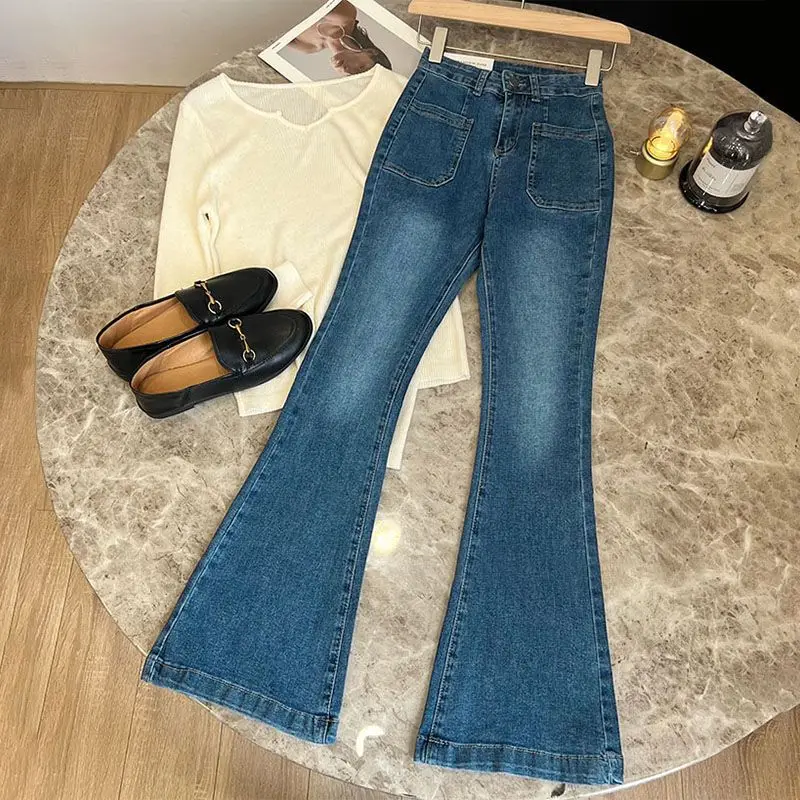 

New High Waist Trousers Loose Washed Jeans Pockets Slim Denim Flare Classic Women Vintage Stretch Straight Trousers