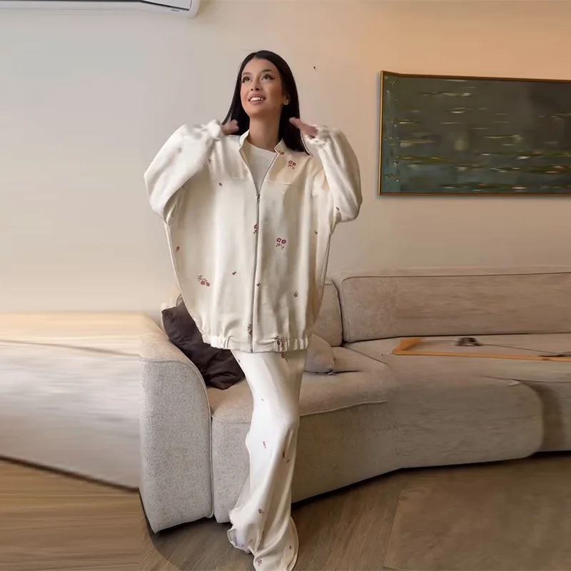 

2026 New Style European Women's Fashion Long-Sleeved Zipper Printed Half-Dress Solid Color Two-Piece Set