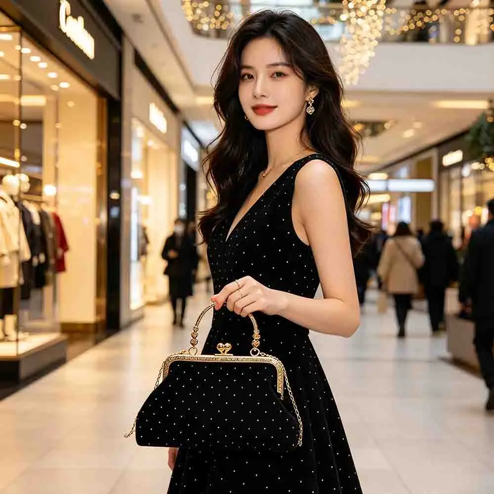

Party Handbag Rhinestone Detail Vintage Clutch Black Velvet Elegant Crossbody Metal Handle Evening Bag Kiss Lock Gold Chain