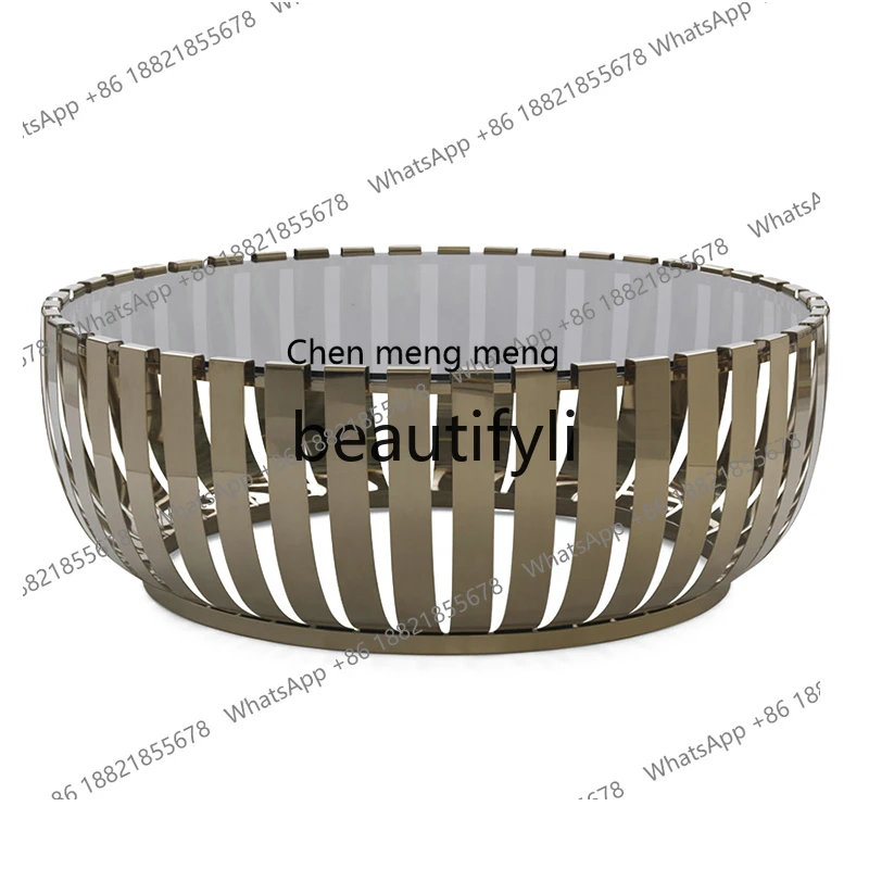 

Coffee table round metal coffee table stainless steel vertical strip decorative glass panel electroplated titanium H