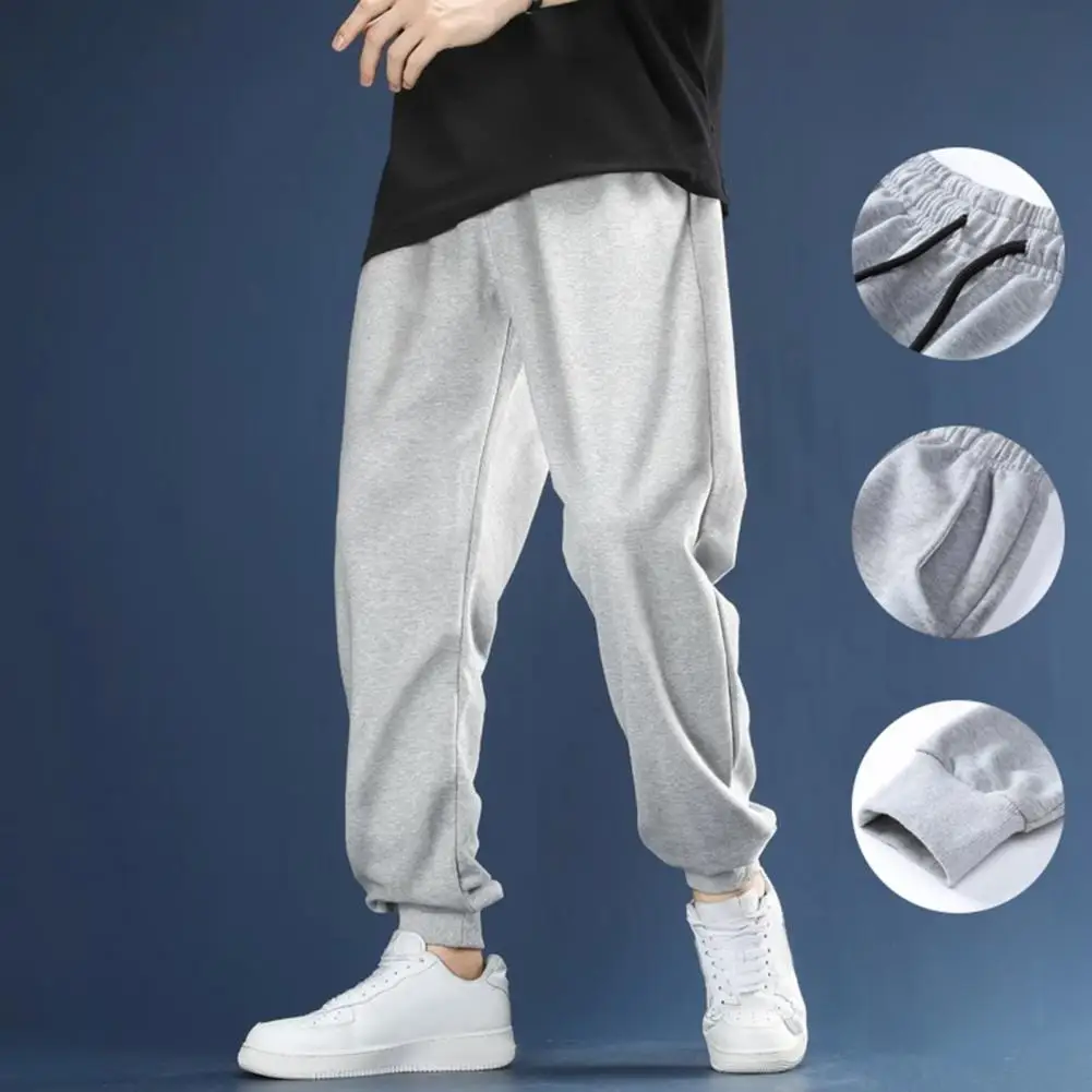 Solid Color Men Sports Pants Warm Plush Men's Winter Sweatpants with Ankle Length Elastic Waist Pockets Cozy Sports Trousers