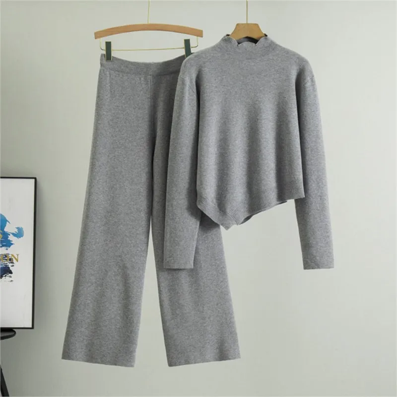 Elegant New Knitted 2 Piece Sets Women Turtleneck Long Sleeve lrregular Knitwears Sweater Casual High Waist Sweatpants Outfit