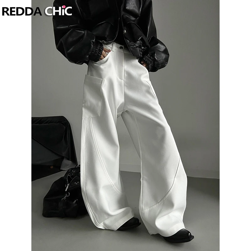 

REDDACHiC Solid White Women Cargo Pants Cleanfit Patchwork Seamed Multi-pocket Barrel Wide Leg Unisex Trousers Hiphop Streetwear