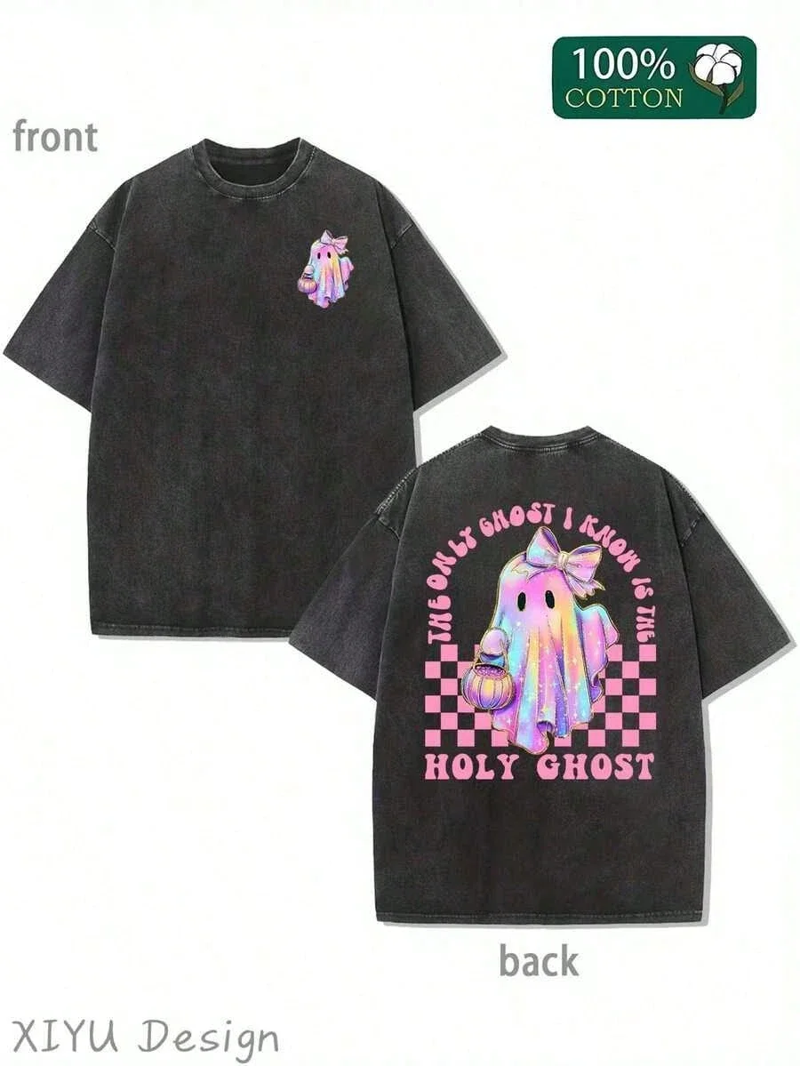 

The Only Ghost I Know Is The Holy Ghost Xiyu Design Black T Shirt Men Vintage Washed Cotton Casual Short Sleeve Summer Christian